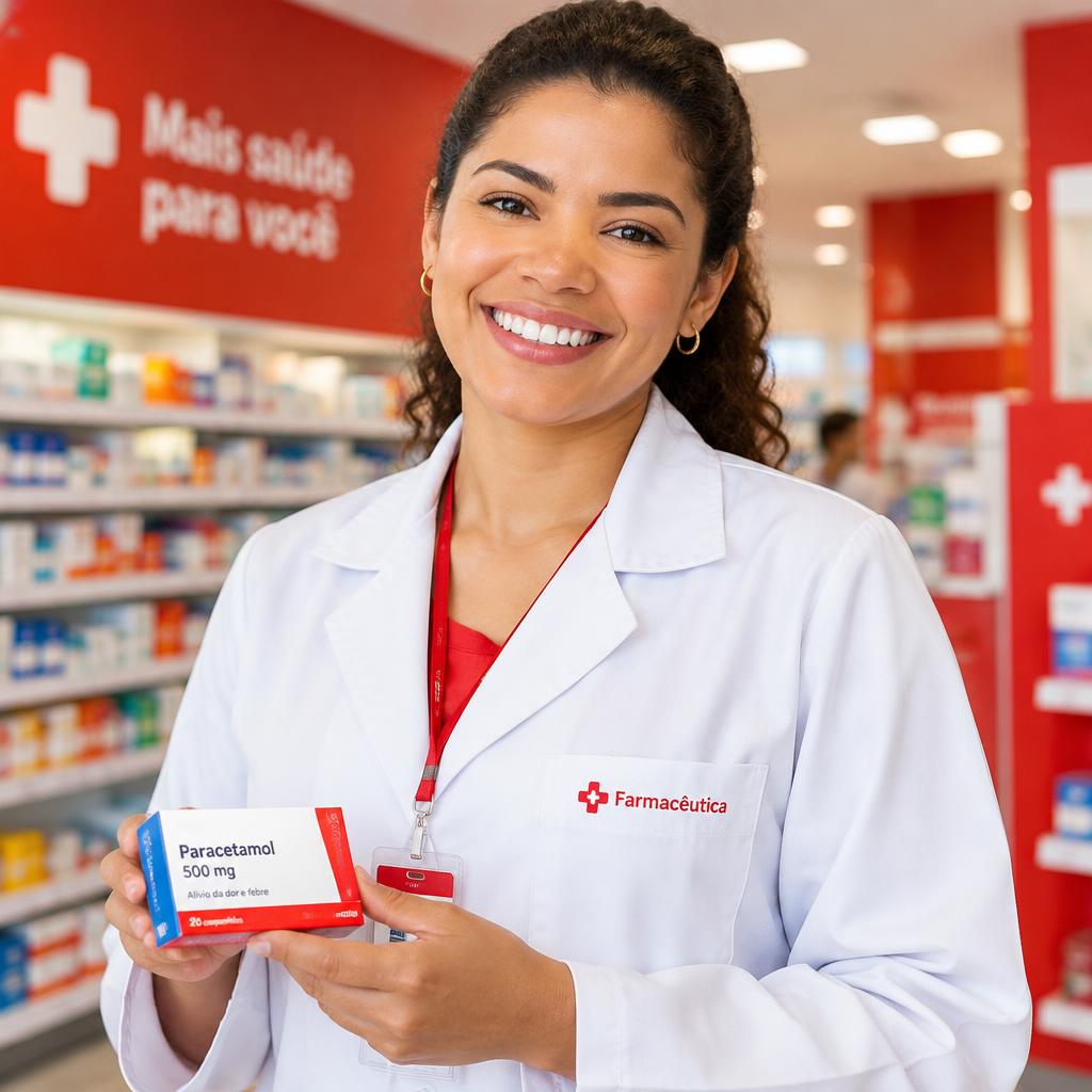 Farmacêutica sorrindo na Drogaria MegaPopular segurando uma caixa de Paracetamol